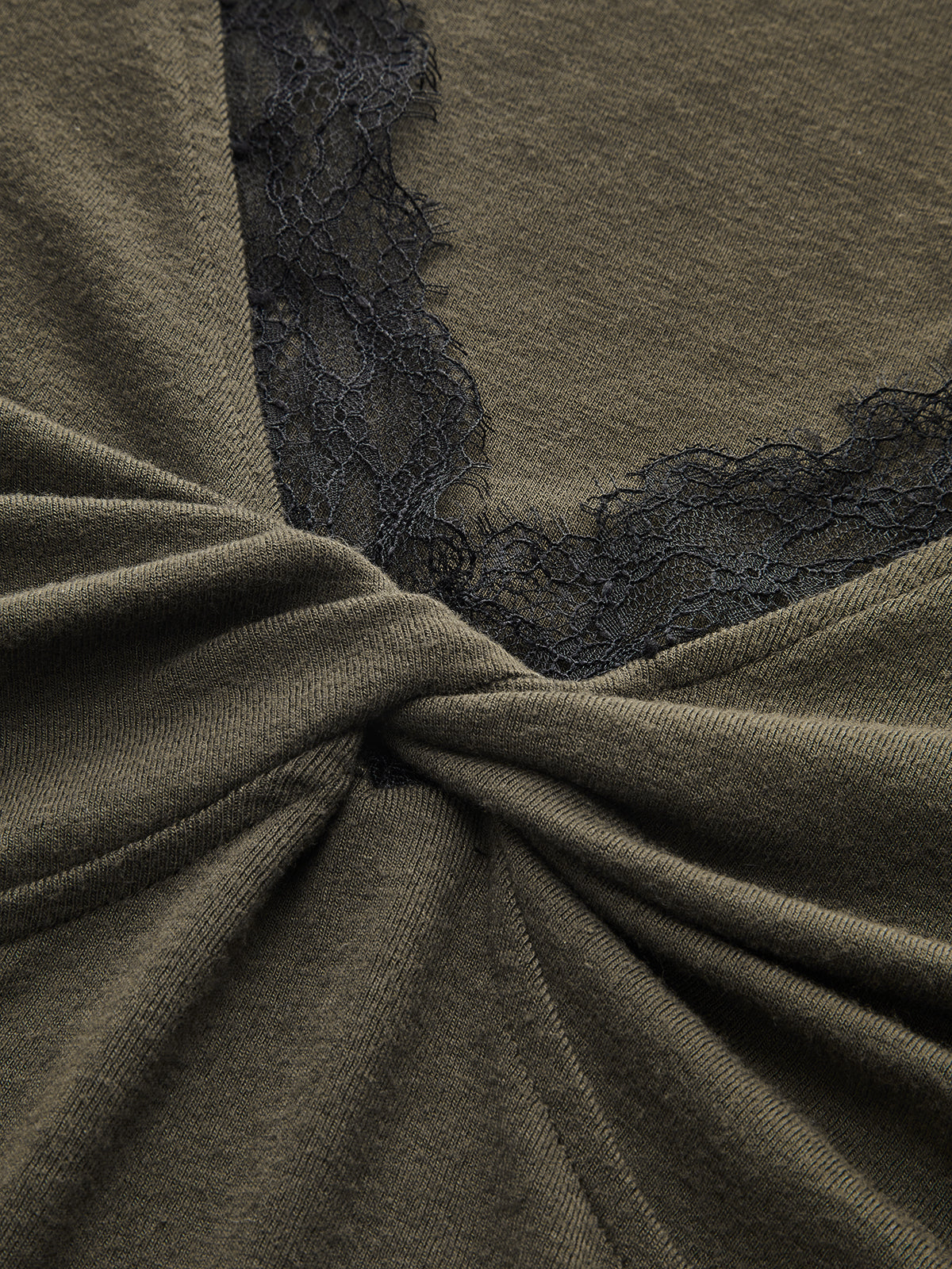 Lace Trim V-Neck Twist Long-Sleeve Top