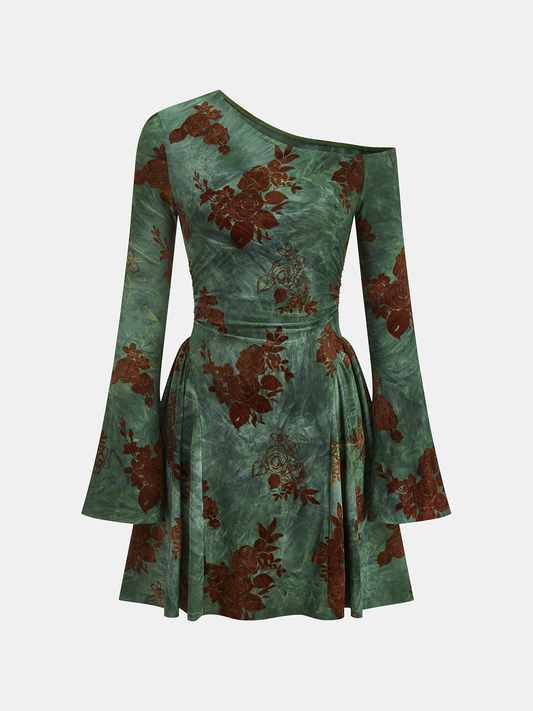 Flocked Floral Print One-Shoulder Mini Dress